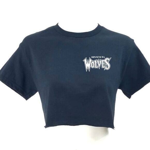 MINNESOTA TIMBERWOLVES "Wolves" Vintage Logo Black Cropped Crop Top Jersey Tee - Picture 1 of 4